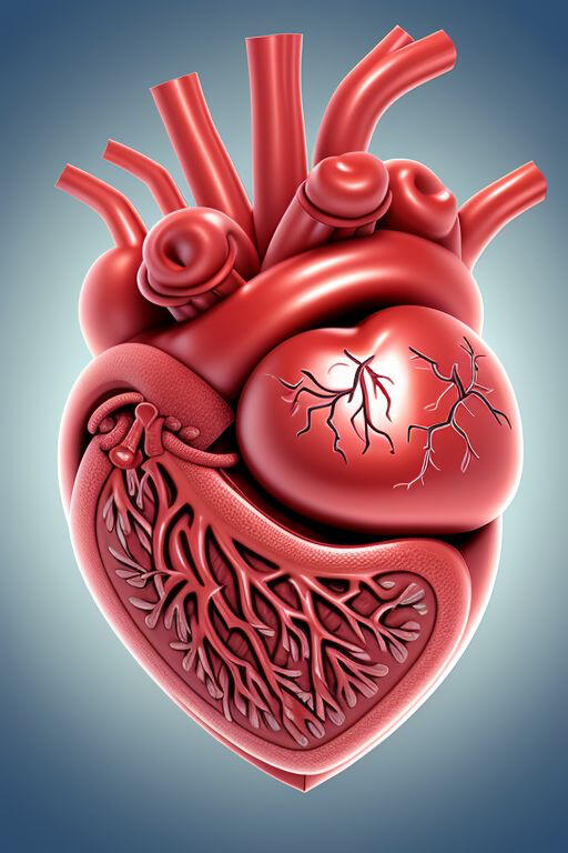 A medical textbook-style illustration of a human heart cross-section with visible blood vessels throughout.