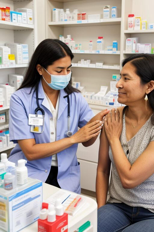 Pharmacist administering a vaccine to a middle-aged woman tentatively smiling, wearing earrings, a necklace and a loose-fitting sweater