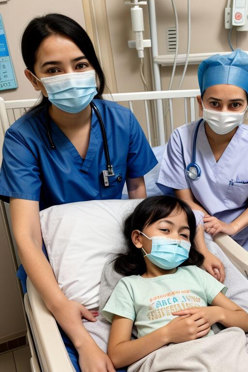 A young sick girl wearing a mask while lying in a hospital bed, surrounded by two nurses also wearing masks and looking serious