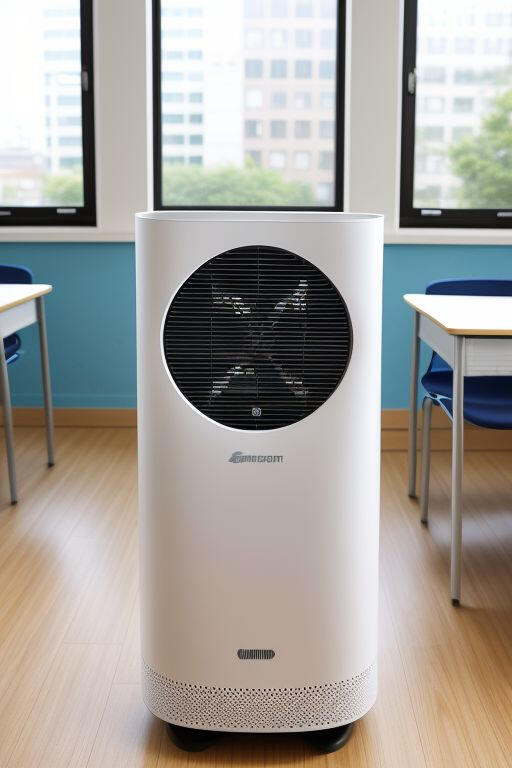 Air purifier on the floor in the middle of a classroom with an open window in the background